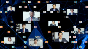 Against a dark background, there are various rectangles showing people in business attire, representing a virtual event and communications software.