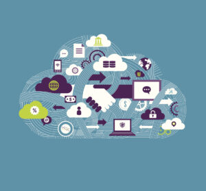 An illustration of a shape of a cloud contains various symbols, including a pair of hands shaking, laptops and other smaller clouds, to symbolize cloud computing.