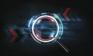 A magnifying glass against a dark background with blue glowing circles surrounding the lens and red arrows, symbolizing cybersecurity monitoring.
