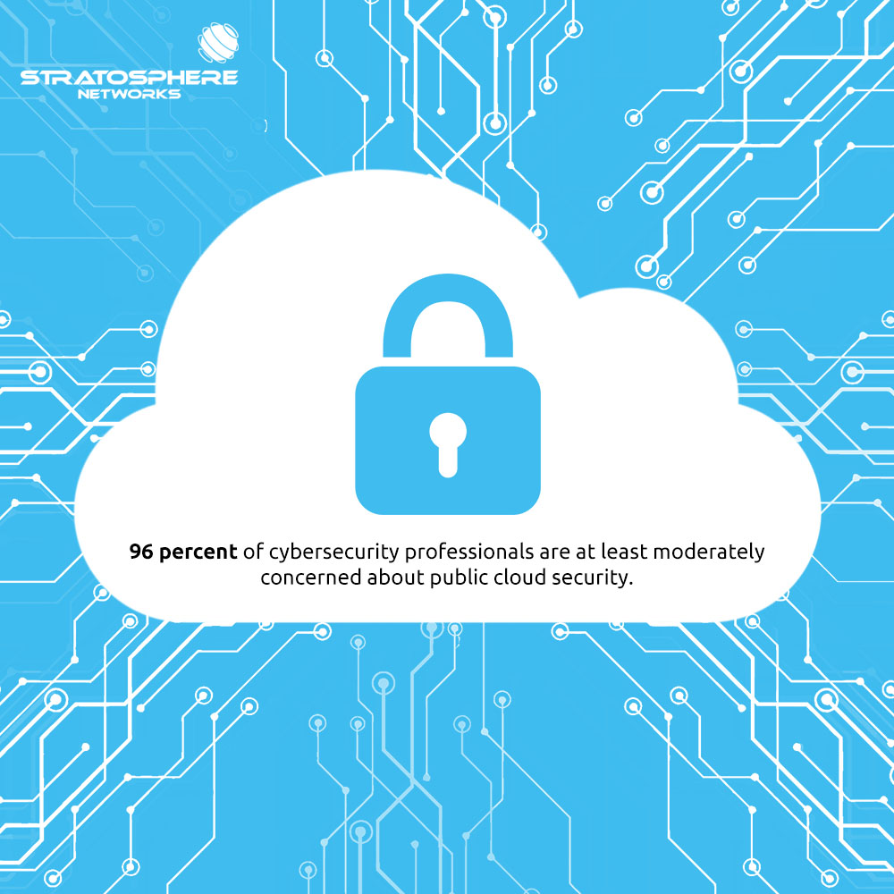 An illustration of a white cloud containing a blue padlock against a blue background with a circuit diagram pattern. Text within the cloud states that 96 percent of security professionals are at least moderately concerned about public cloud security.