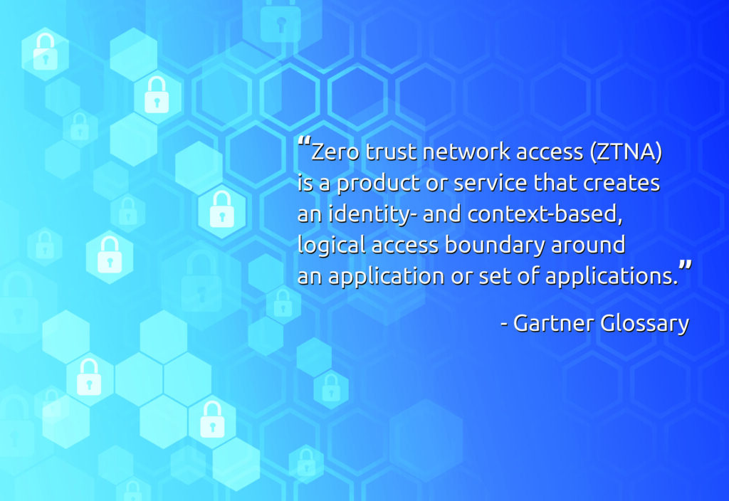 A definition of zero-trust network access against a blue background. Gartner defines ZTNA as “a product or service that creates an identity- and context-based, logical access boundary around an application or set of applications.”