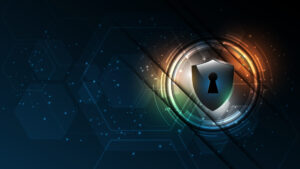 Digital illustration of a silver padlock against a dark blue background, representing cybersecurity.