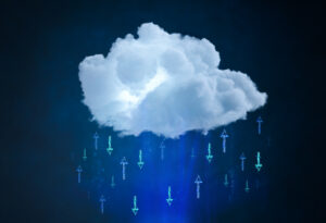 A cumulus cloud graphic against a dark blue background with lighter blue up and down arrows beneath the cloud.