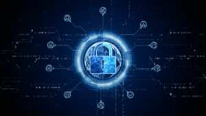 A glowing blue padlock against a dark background connected to nodes surrounding it, representing network security.