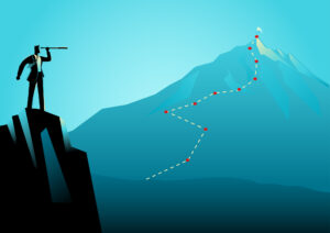 Illustration of a man in a suit using a telescope to look at a distant mountaintop with a dotted trail leading up to the peak.