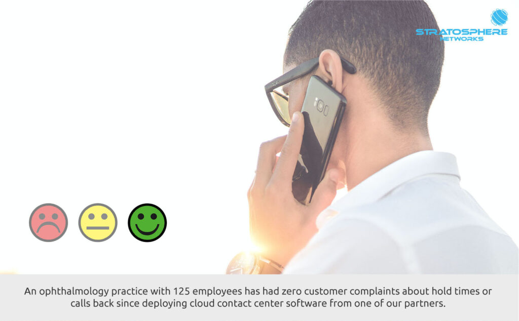 A graphic showing frowning, neutral, and smiley faces next to a person holding their smartphone to their ear. Text below the image states that "An ophthalmology practice with 125 employees has had zero customer complaints about hold times or calls back since deploying cloud contact center software from one of our partners."