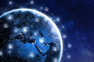 Image of a blue Earth with glowing white padlock symbols surrounding it connected by a network of lines.