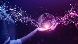 Person holding an image of a globe in their palm with a stream of interconnected dots sweeping past, symbolizing a global network.