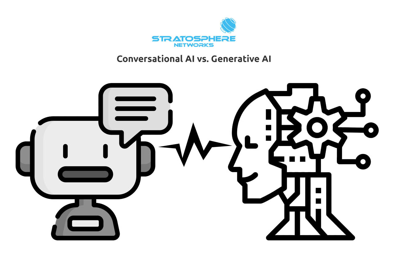 An illustration titled "Conversational AI vs. Generative AI" showing a robot with a speech bubble next to another robot with gears and circuits protruding from its head.