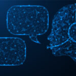 Interactive online assistant. A dialog with a voice-activated virtual chatbot in the smartphone screen. Polygonal construction of lines and points. Blue background.