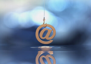 A phishing hook with a gold "at" symbol dangling at the end of it, symbolizing phishing emails.