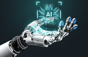 A shiny metallic robot hand, palm up, holds a glowing circuit board symbol with AI at the center. 