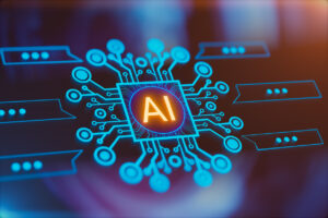 A glowing blue circuit board illustration that reads "AI" in glowing gold letters in the center. Speech bubbles with dots extend from the AI circuit board illustration.