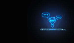 A glowing blue robot cartoon stands out against a dark background, hovering over a smartphone screen. Two speech bubbles extend from the bot's head with ellipses indicating typing and symbolizing conversational AI.