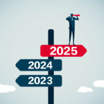 A CEO’s outlook for 2025: 8 key insights for IT and business leaders An illustration of a man in a suit standing atop a sign post that reads "2025." The sign indicator he stands on is red, as is the telescope he uses to look forward. Blue signs pointing left (or to the past) read "2024" and "2023."