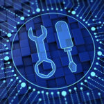 Wrench and screwdriver icons in a circle against a circuit board background, representing IT infrastructure services.