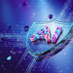 A glowing blue shield that says "AI" on it, representing AI security.