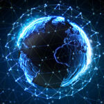 Global digital network representation with glowing connections showcases the technological landscape of Earth