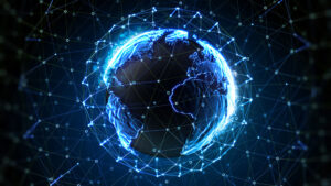 Global digital network representation with glowing connections showcases the technological landscape of Earth