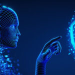 Tech Talks: How a Managed Services Partner Supports AI, Cybersecurity and Compliance Human Digital Avatar as a Symbol of AI presses a virtual button on screen with Shield icon. Cyber Security and Data Protection Concept.